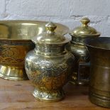 A pair of Oriental pots, 15.5cm, a bowl, and a bronze pestle