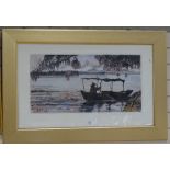Clifford H Fisher, watercolour, Oriental lake scene, signed and stamped, 13.5" x 26", framed