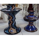 Madoline Keeler (British born 1942), 2 geometric pattern glazed pottery candlesticks, initial on