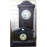A slate architectural design mantel clock, with 2-train movement, height 33.5cm, and a stained-