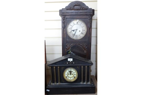 A slate architectural design mantel clock, with 2-train movement, height 33.5cm, and a stained- - Image 1 of 2