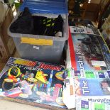 Boxed Sky Rider toy, model railway items, and a box with trophies, Citroen Car Club jumper etc