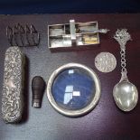 A small rectangular silver 3-section tray, miniature silver-bladed knives, a silver-fronted photo
