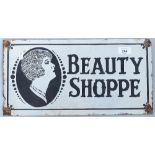 A Vintage enamel Beauty Shoppe sign, length 46cm