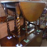 1920s oak oval drop leaf table with barley twist legs, W85cm, H76cm