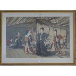 Japanese School, early 20th century watercolour on paper, Court interior scene, 21" x 32", framed