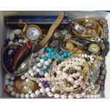 A box of modern costume jewellery, wristwatches etc