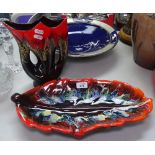 A Continental blue glazed bowl with metal trim, 39cm, and a vase, and a dish (3)