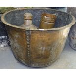 A large 19th century copper, H32cm, a copper stick stand, a coal bucket, a hanging lantern etc