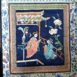 20 embroidered Chinese silk panels, depicting figures, flowers and blossom, largest length 65cm