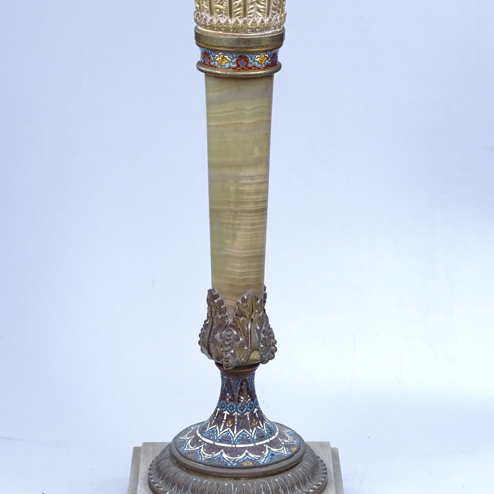 A Vintage onyx lamp with enamelled brass mounts, chimney and shade, base height 47cm (incomplete)