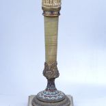 A Vintage onyx lamp with enamelled brass mounts, chimney and shade, base height 47cm (incomplete)