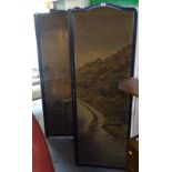 An Oriental black lacquered framed 4-fold screen, with painted linen panels