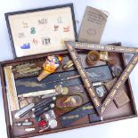 18th century Almanac, HMV items, rule, penknives etc