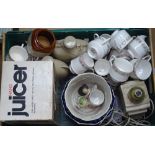 A juicer, a table lamp, stoneware bottles etc