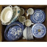 Blue and white dinnerware, a glass comport, a vase etc