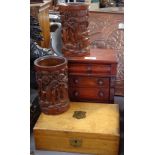 A pair of Oriental carved bamboo pots, 17cm, a box, and a table-top chest of 5 drawers
