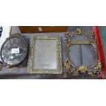 A gilded metal pierced strut frame, height 8.5", an Antique oval frame, and another