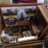 A table-top display case, length 39cm, a signed racing picture, a gimballed compass, fishing reels