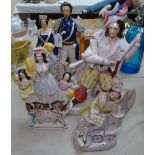 Staffordshire King and Queen of Sardinia, 34cm, 3 other Staffordshire figures, a Continental bust,