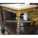 A square oak and draw leaf dining table, on barley twist legs and cross stretcher, W89cm, H74cm