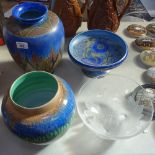 Drip glaze vase, 21cm, Chameleon Ware pedestal comport, and vase, and a glass bowl