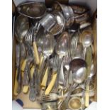 A large quantity of mixed silver plated cutlery, sauce boats etc