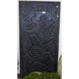 An Antique carved oak panel, depicting George and the Dragon, 112cm x 56cm