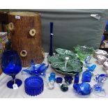 Cabbage design dishes, blue glass vases etc