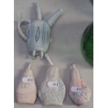 4 dry glaze porcelain Studio teapot and bottle form jars, with applied incised and impressed