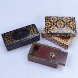 A 19th century brass-mounted snuff box with sliding lid, length 7.5cm, a lacquered snuff box, and