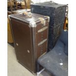2 Vintage steel-bound travelling wardrobe trunks, with fitted interiors