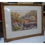 19th century watercolour, horse rider on a bridge, monogrammed CA, and dated 14" x 19", framed