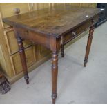 A 19th century oak side table with single frieze drawer, on turned legs, W84cm