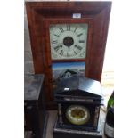 A slate and marble-cased mantel clock, 12.5", and an American walnut-cased wall clock