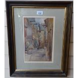 S M Bunting, watercolour, street scene, signed 12" x 7.5", framed