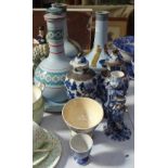 A pair of Victorian Prattware carafes on stand, and another similar, crackle glaze jars and