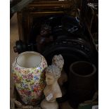 A pair of busts, a vase, Oriental stands etc