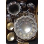 A box containing silver plated goblets, pierced vases etc