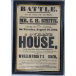A framed 1852 Auction poster, a Battle milk bottle, a box, and ephemera