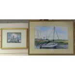 Clifford H Fisher, 2 watercolours, boat, and industrial scene, largest 14.5" x 21.5", framed (2)