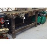 A large Antique workbench with Record No.52 vice, L195cm, H81cm