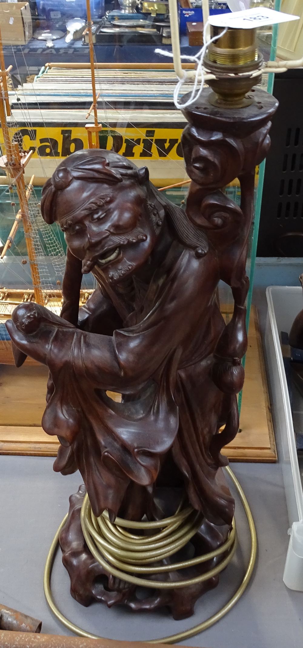 An Eastern carved hardwood figure table lamp, base height 43cm - Image 2 of 2