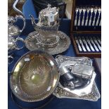 A silver plated half-fluted coffee pot, swing-handled basket, 3 hip flasks, a salver etc