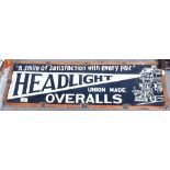 A Vintage American enamel advertising sign for "Headlight Union Made Overalls", length 89cm