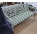 A green painted hardwood slatted garden bench, L161cm, by Hartmann