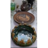 Japanese dish with frog figures, diameter 25cm, teapot, jug, and cockerel plaque signed Frick