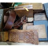 Carved wood boxes and book rack, a clock, cartridge belt etc