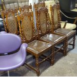 A set o 6 carved oak and cane-panelled dining chairs, with barley twist stretchers