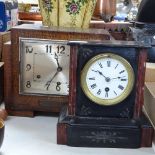 A slate and marble-cased mantel clock, height 22.5cm, and an Art Deco 3-train mantel clock